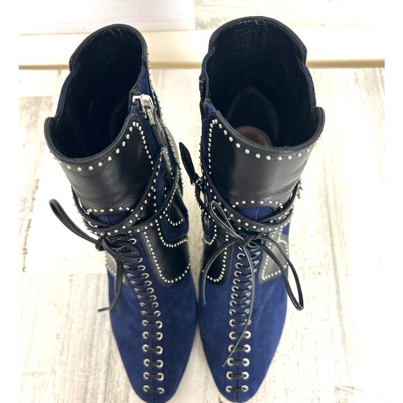 Alaïa Paris Women’s 8 Blue Suede Black Leather Studded Ankle Boots Designer - Picture 3 of 9